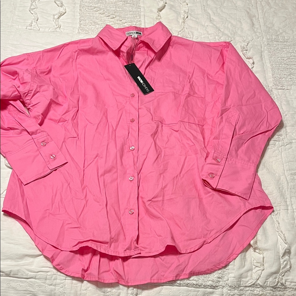 NWT Fashion Nova Vibrant Pink Casual Button-Down Shirt, Size Small